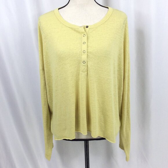 Aerie Henley Top Womens Size XXL 2XL Yellow Linen Blend Long Sleeve Aeropostale - Picture 1 of 12
